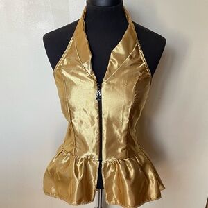 Gold Satin Halter Peplum Zip-Front Top